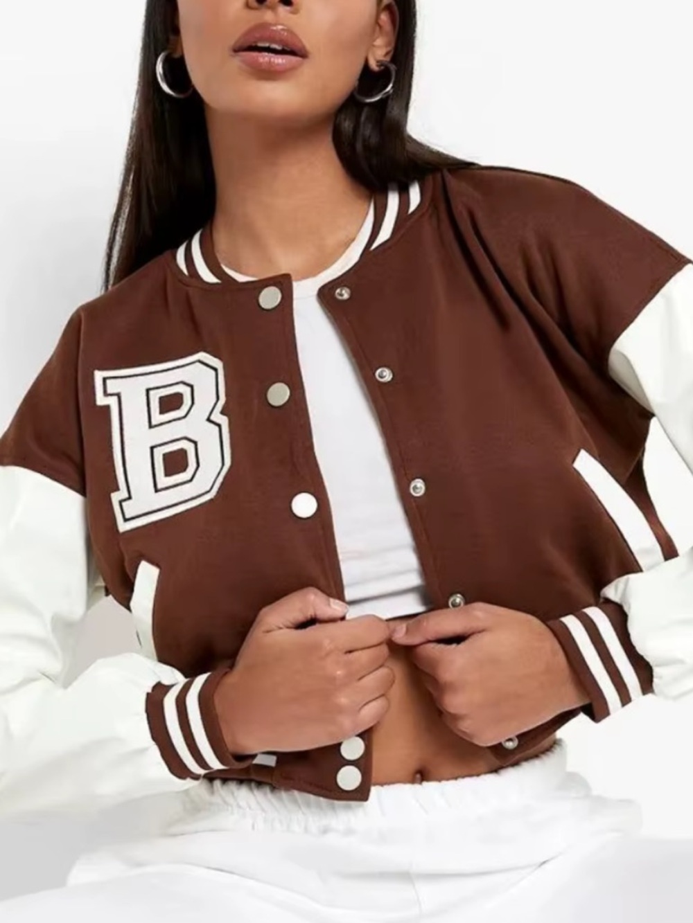 Love Tree Brown & White Cropped Varsity Jacket w/ Letter Patch size medium